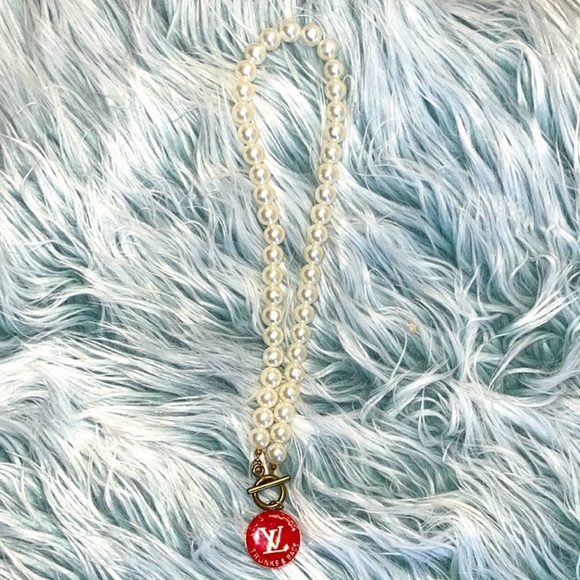 Red Louis Vuitton Charm Pearl Toggle Necklace - Picture 5 of 5